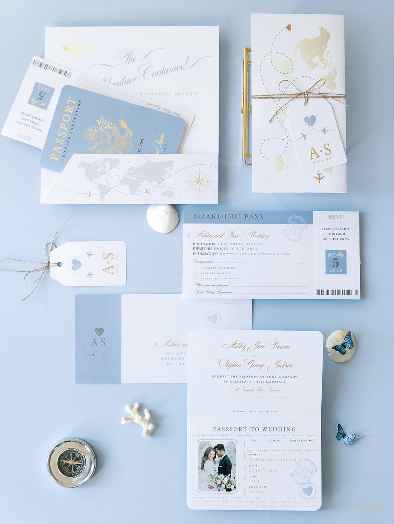 Light Powder Blue Romantic Monogram Crest Wedding Invitation