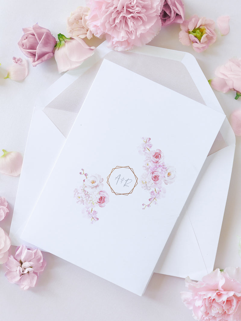 Luxury Floral Pocketstyle Wedding Invitation in White  Pink with Ca –  Cartalia