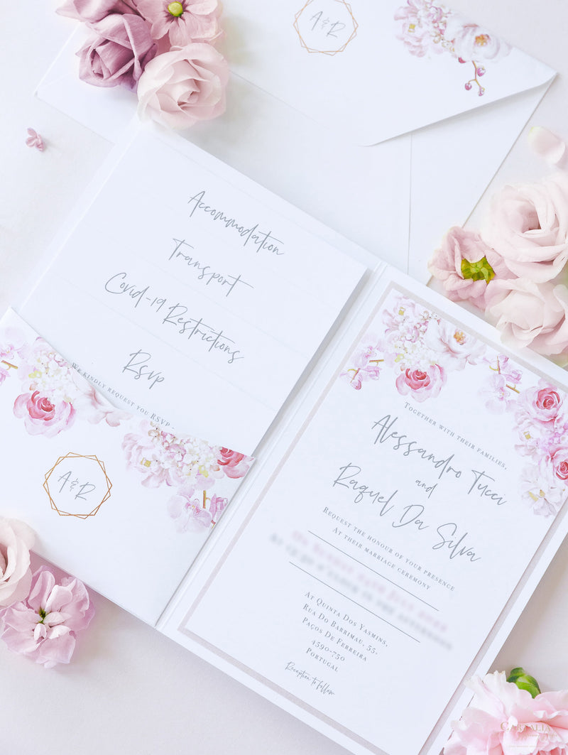 Luxury Floral Pocketstyle Wedding Invitation in White  Pink with Ca –  Cartalia