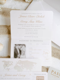 White Vegan Leather Passport with Gold Foil Palm Trees | Caribbean Wedding Invitation