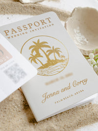 White Vegan Leather Passport with Gold Foil Palm Trees | Caribbean Wedding Invitation