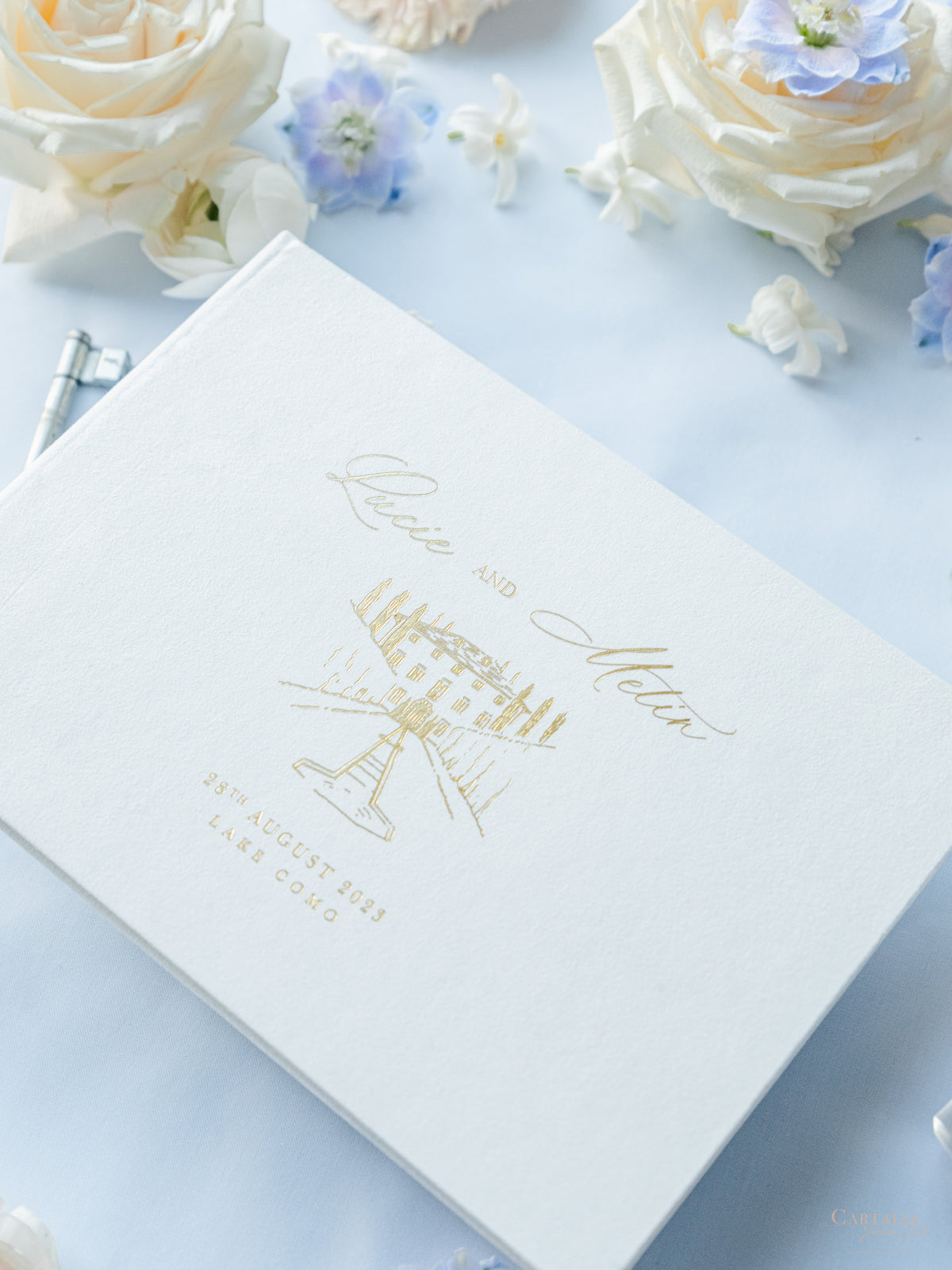 Personalized White Velvet Wedding Guest Book with Gold Foil Details | Villa Balbiano, Lake Como