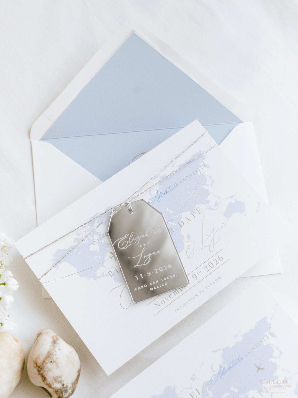 Luxury Destination Magnet in Silver Mirror Plexi Save the Date Card