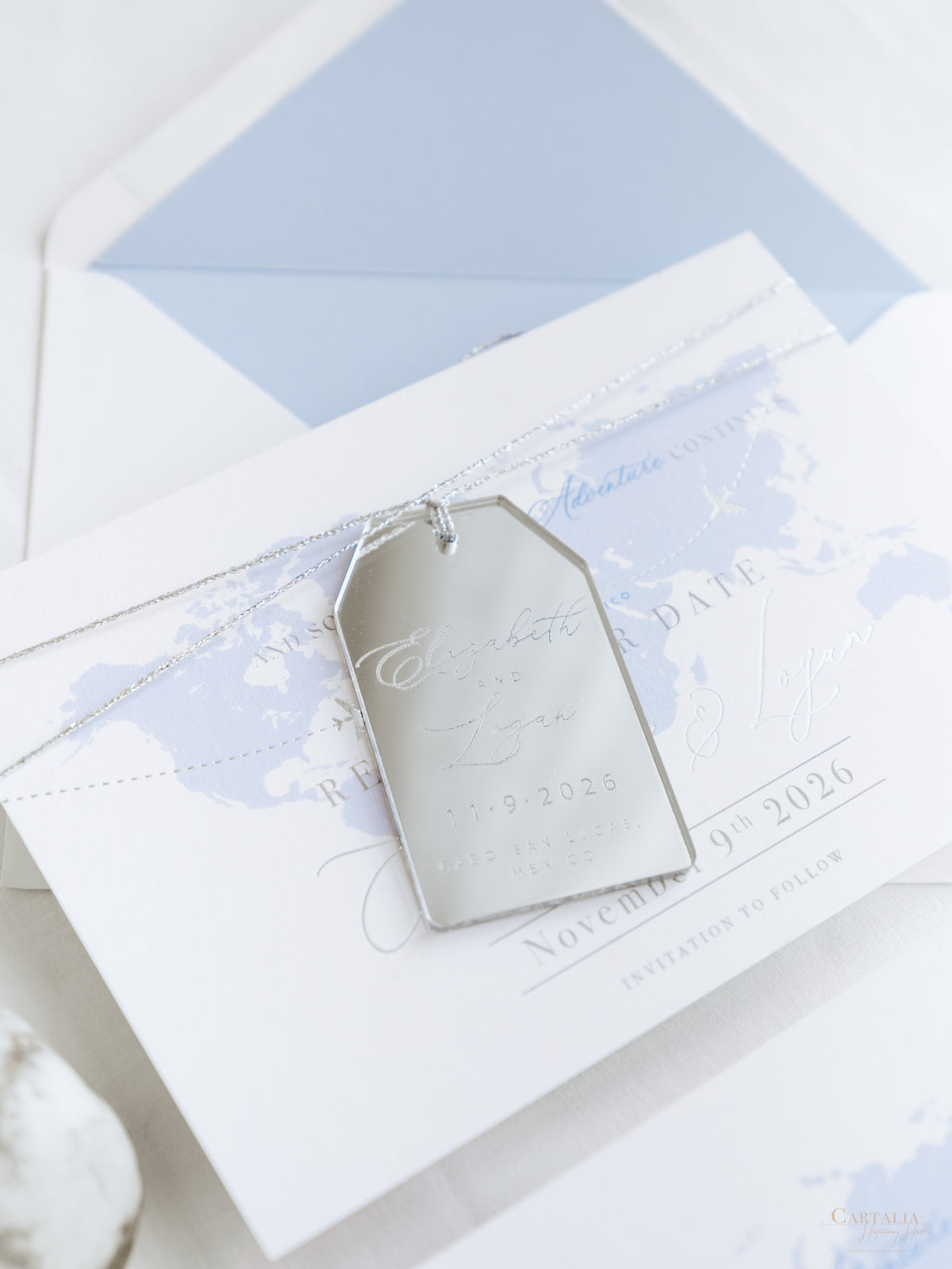 Luxury Destination Magnet in Silver Mirror Plexi Save the Date Card