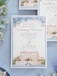 Invitación personalizada al lugar de la boda en acuarela con lámina dorada | Villa Regina Teodolinda | Lago Como