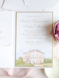 Luxury Watercolour Villa Cora Pocket with Letterpress and Deckled Edge Envelope | Bespoke Commission for S&S