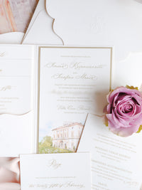 Luxury Watercolour Villa Cora Pocket with Letterpress and Deckled Edge Envelope | Bespoke Commission for S&S