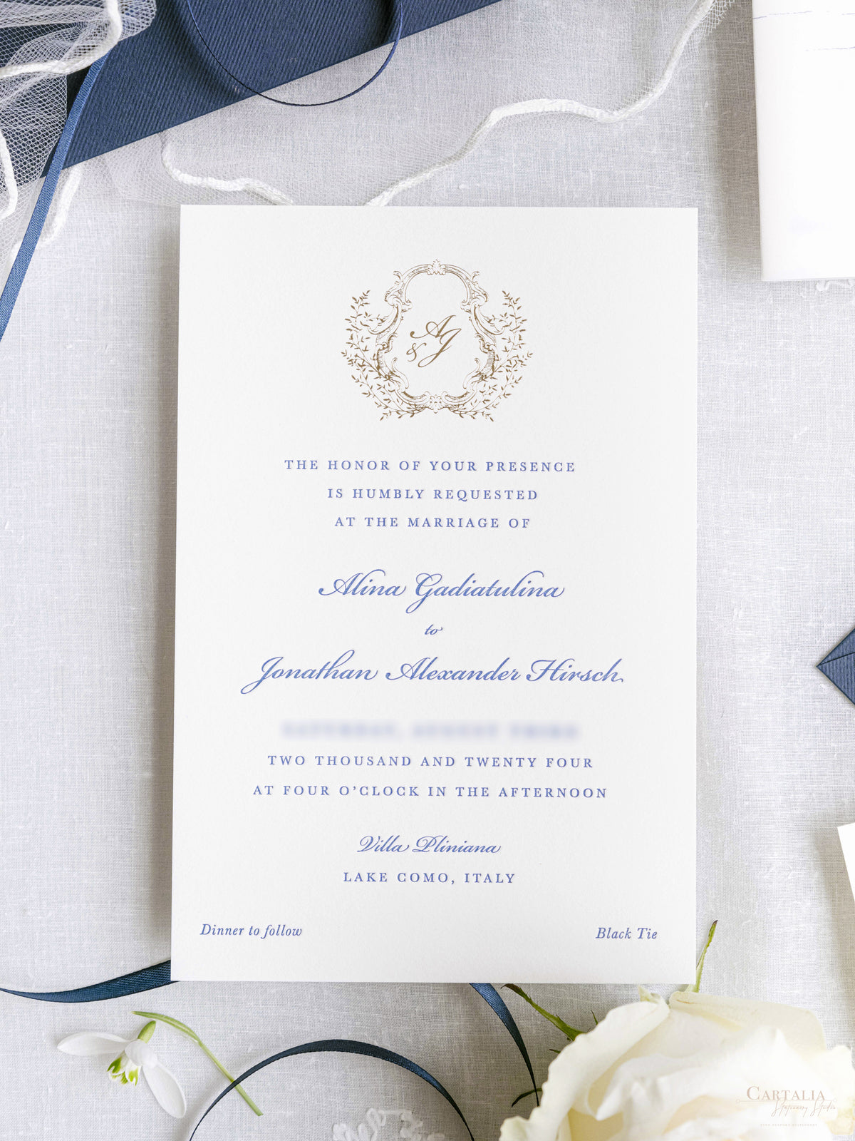 Custom Watercolour Venue Invitation in Letterpress with Vellum & Wax Seal | Villa Pliniana, Lake Como