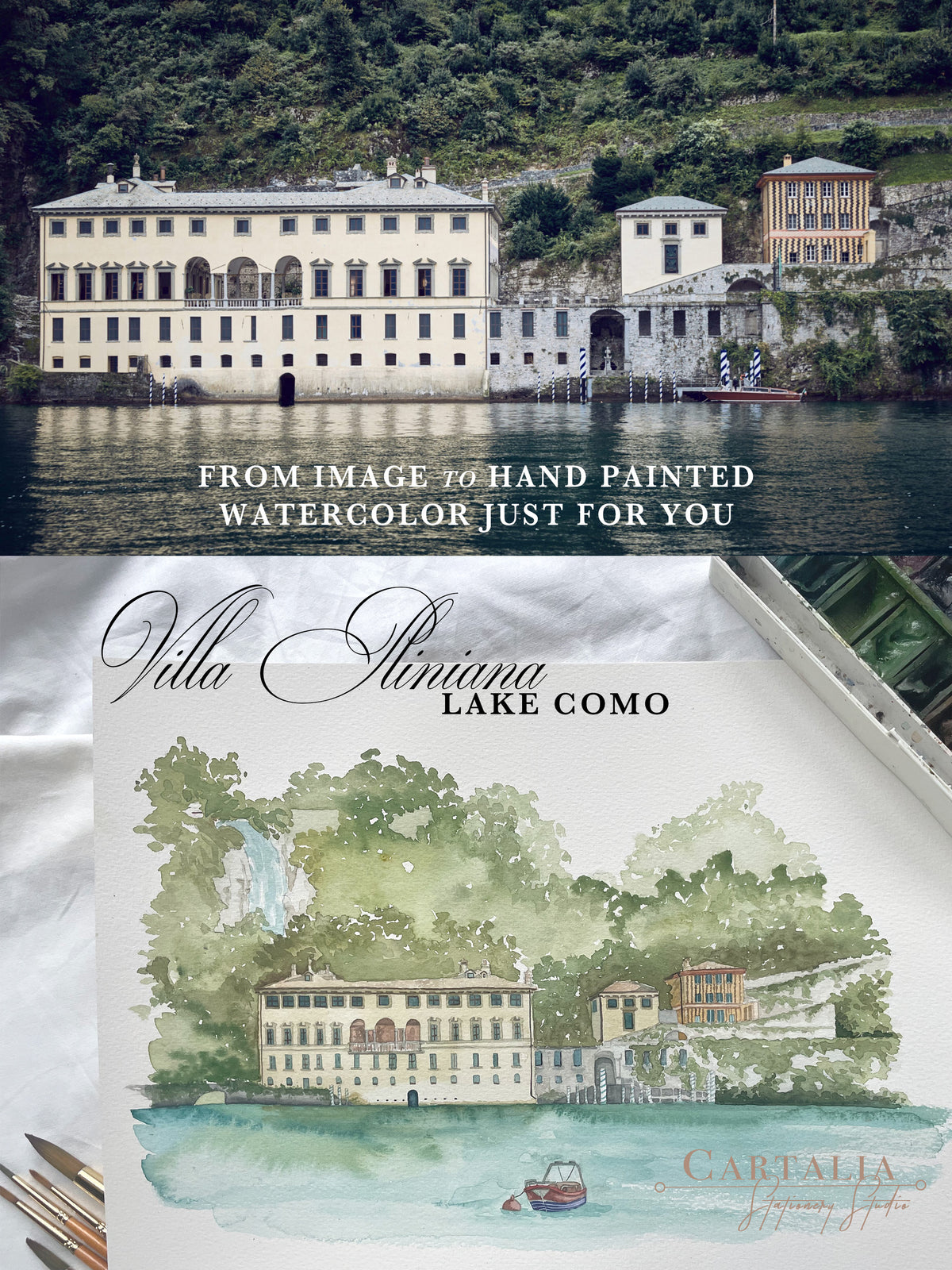 Custom Watercolour Venue Invitation in Letterpress with Vellum & Wax Seal | Villa Pliniana, Lake Como