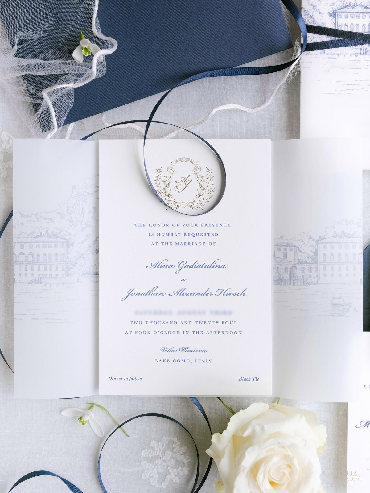 Custom Watercolour Venue Invitation in Letterpress with Vellum & Wax Seal | Villa Pliniana, Lake Como