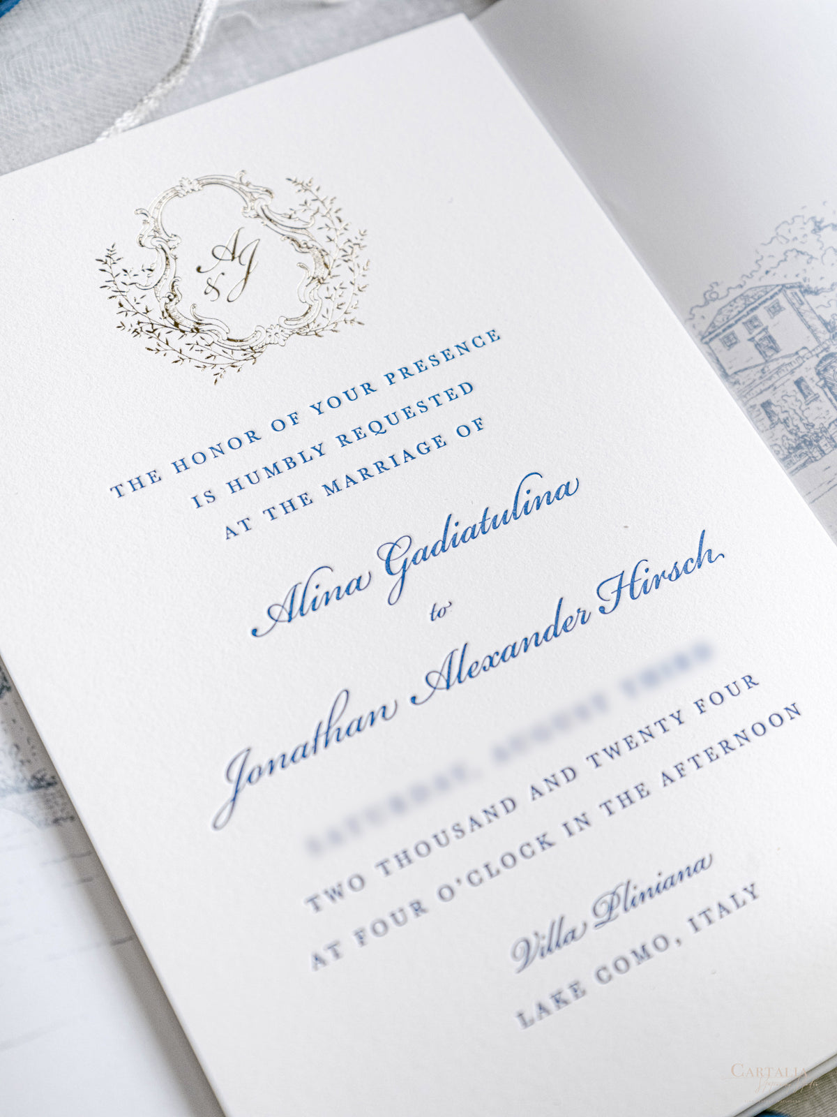 Custom Watercolour Venue Invitation in Letterpress with Vellum & Wax Seal | Villa Pliniana, Lake Como