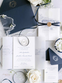 Custom Watercolour Venue Invitation in Letterpress with Vellum & Wax Seal | Villa Pliniana, Lake Como