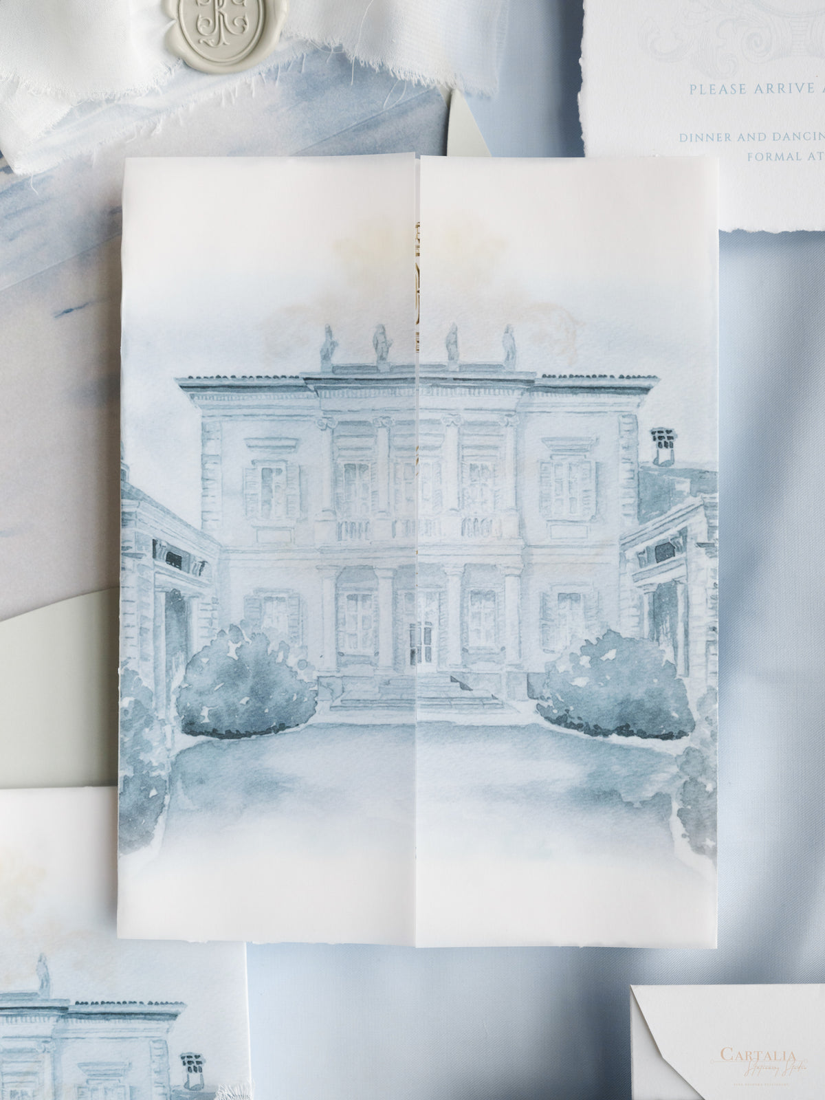 Watercolor Vellum Wrap Invitation Suite with Gold Foil Monogram & Custom Wax Seal | Villa Carminati Resta | Bespoke Commission J&K