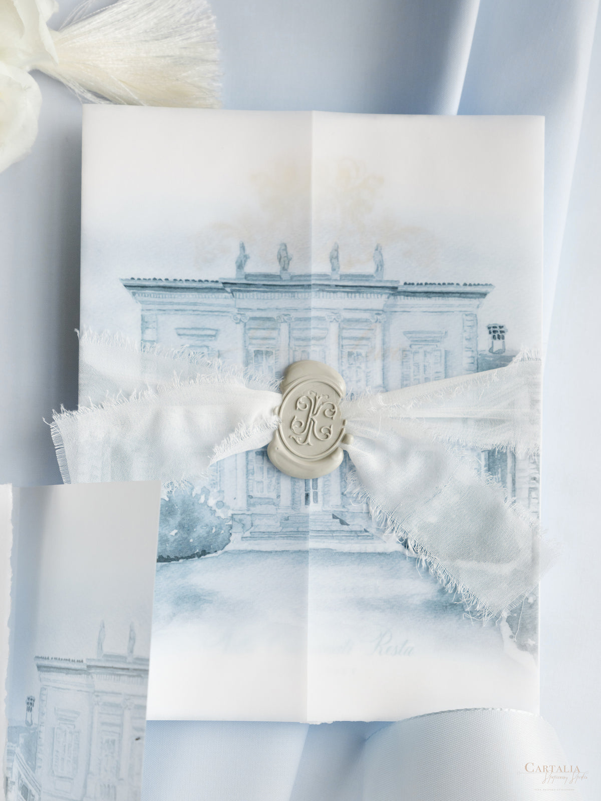 Watercolor Vellum Wrap Invitation Suite with Gold Foil Monogram & Custom Wax Seal | Villa Carminati Resta | Bespoke Commission J&K