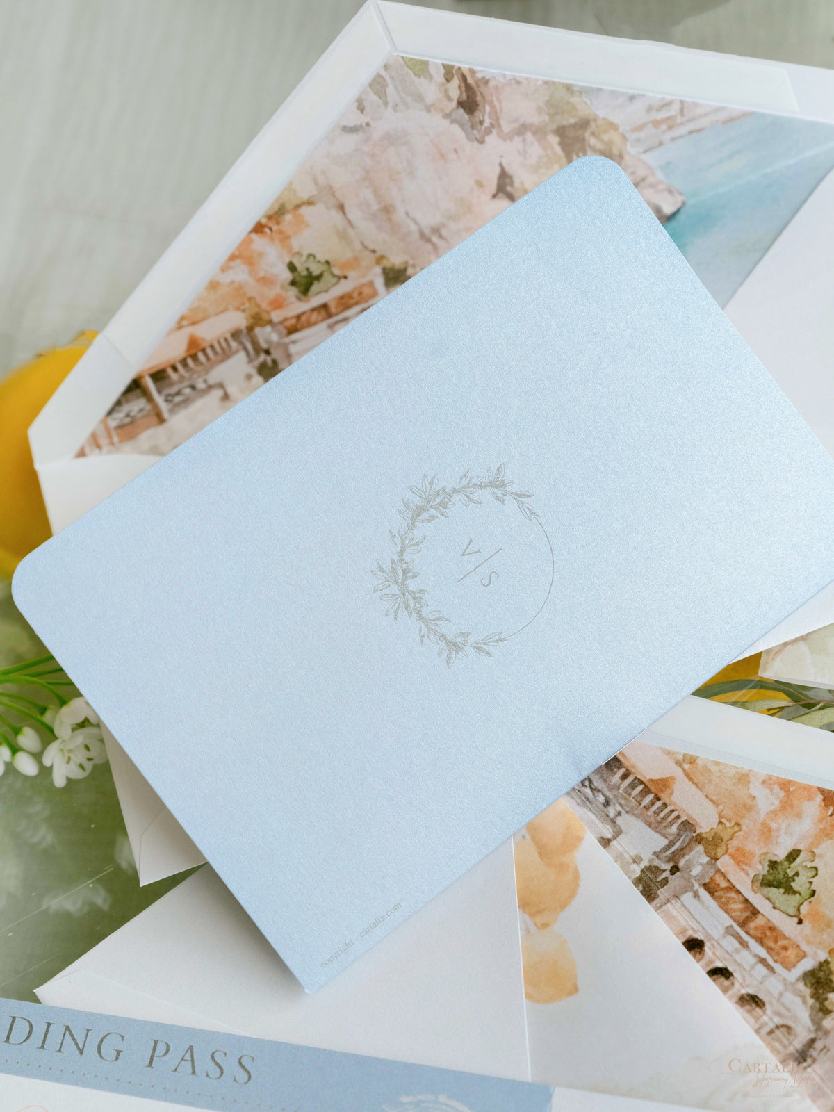 Amalfi Coast Passport Invitation, Lemon Italian Wedding Suite with Custom Vellum Watercolour Skyline