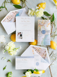 Amalfi Coast Passport Invitation, Lemon Italian Wedding Suite with Custom Vellum Watercolour Skyline