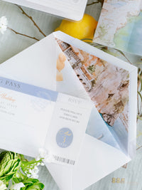 Amalfi Coast Passport Invitation, Lemon Italian Wedding Suite with Custom Vellum Watercolour Skyline