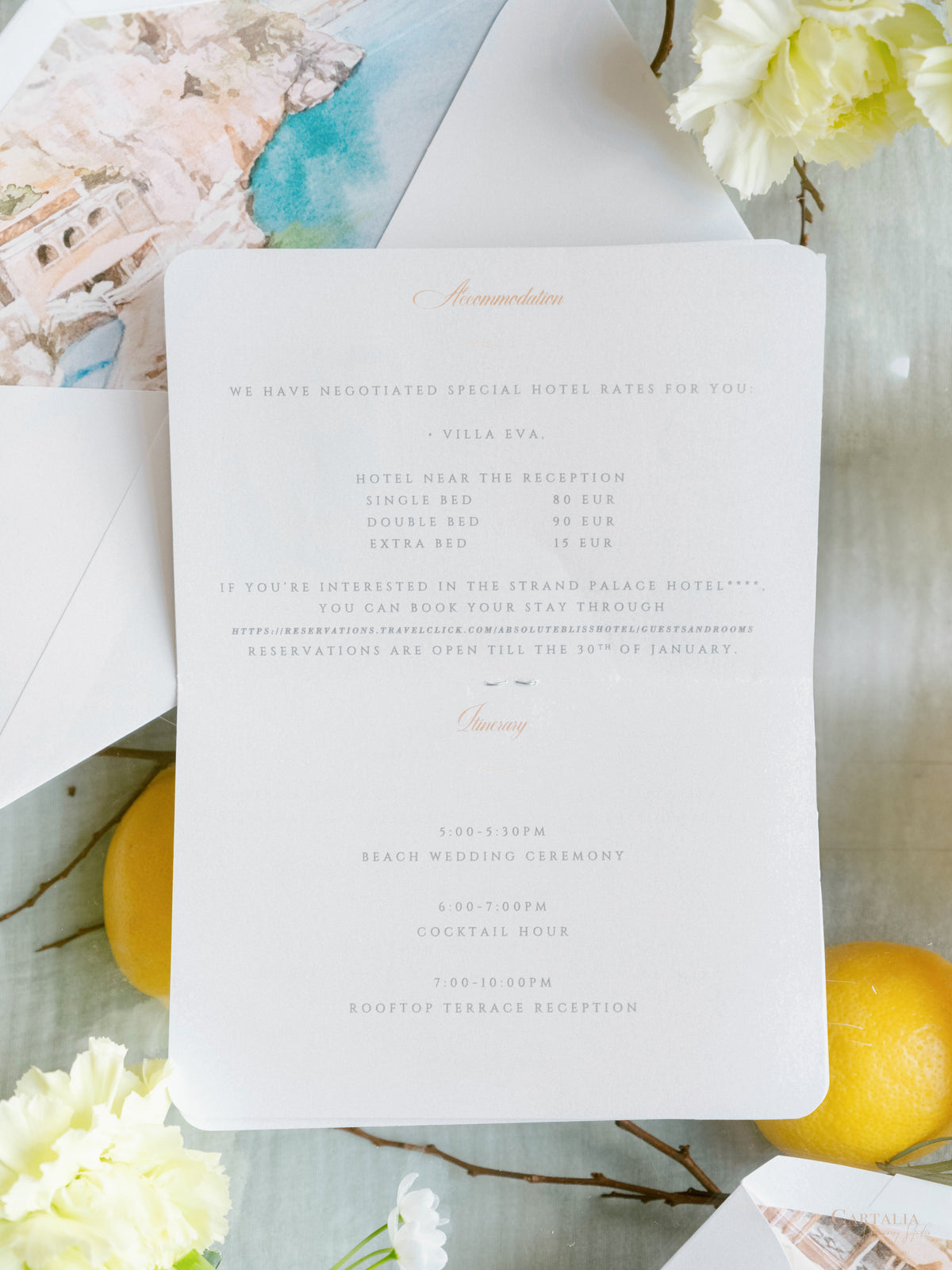 Amalfi Coast Passport Invitation, Lemon Italian Wedding Suite with Custom Vellum Watercolour Skyline