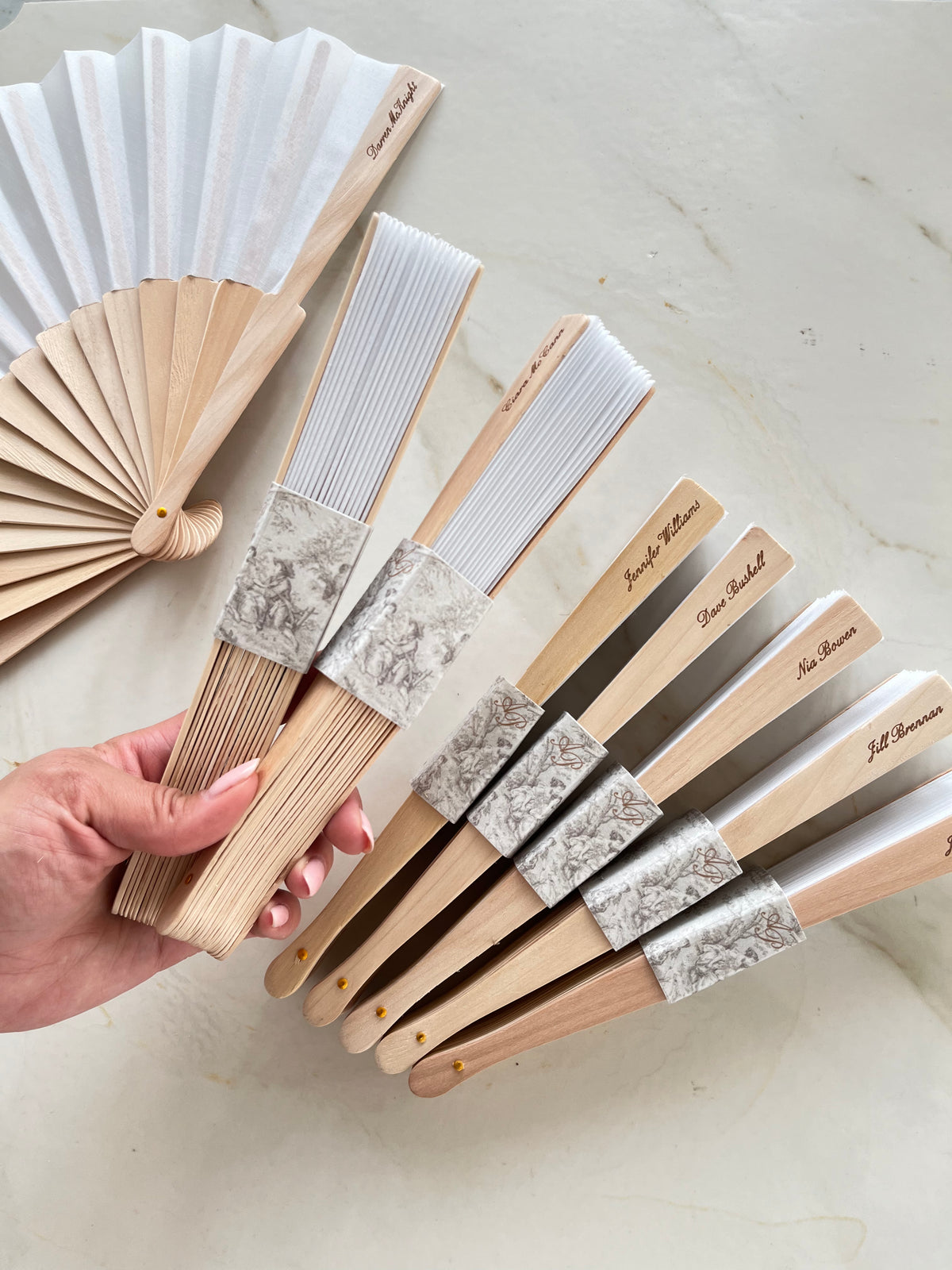 Hand Made 100% Wooden Custom Wedding Fan, Printed with Menu, Monogram and Engraved with Guest Names