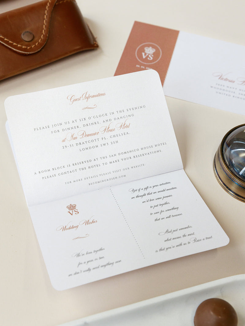 Rose Gold Luxury Passport Wedding Invitation with Real Foil