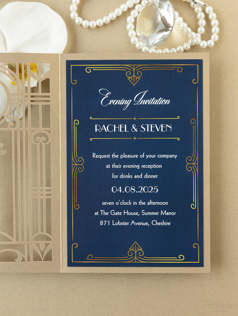 Monogram Navy blue Laser Cut Wedding Invitation Great Gatsby style inv –  DokkiDesign