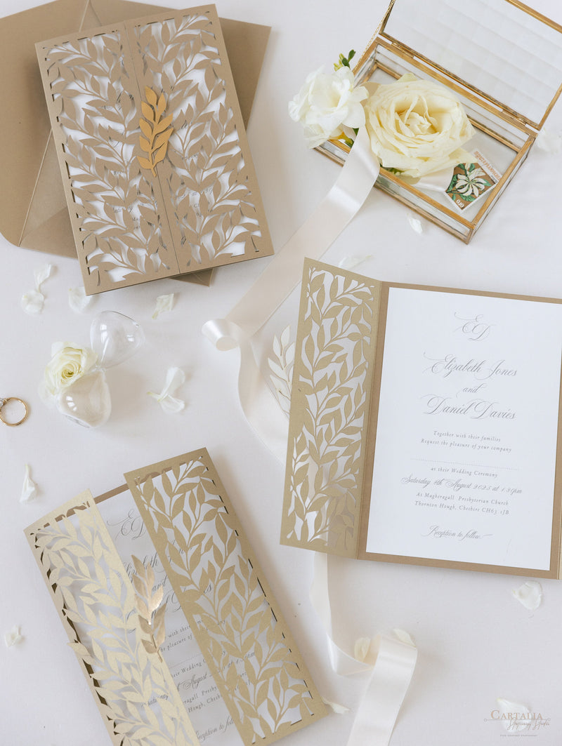 Gold Acrylic Wedding Invitation with Leaves Pattern HPA289 - $3.00