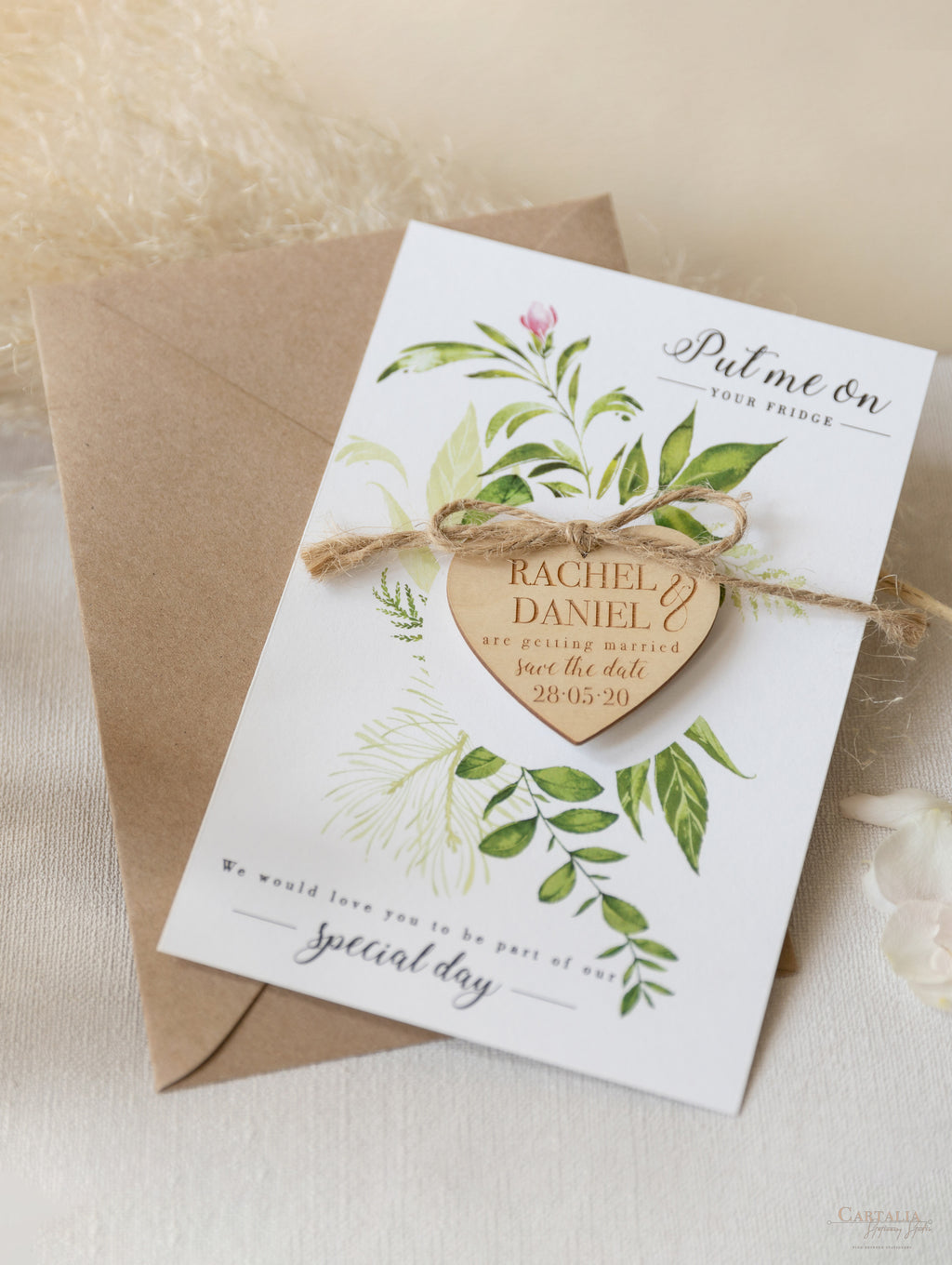 Personalised Rustic Leaf Wedding Save The Date Heart Fridge Magnet Card  Invite