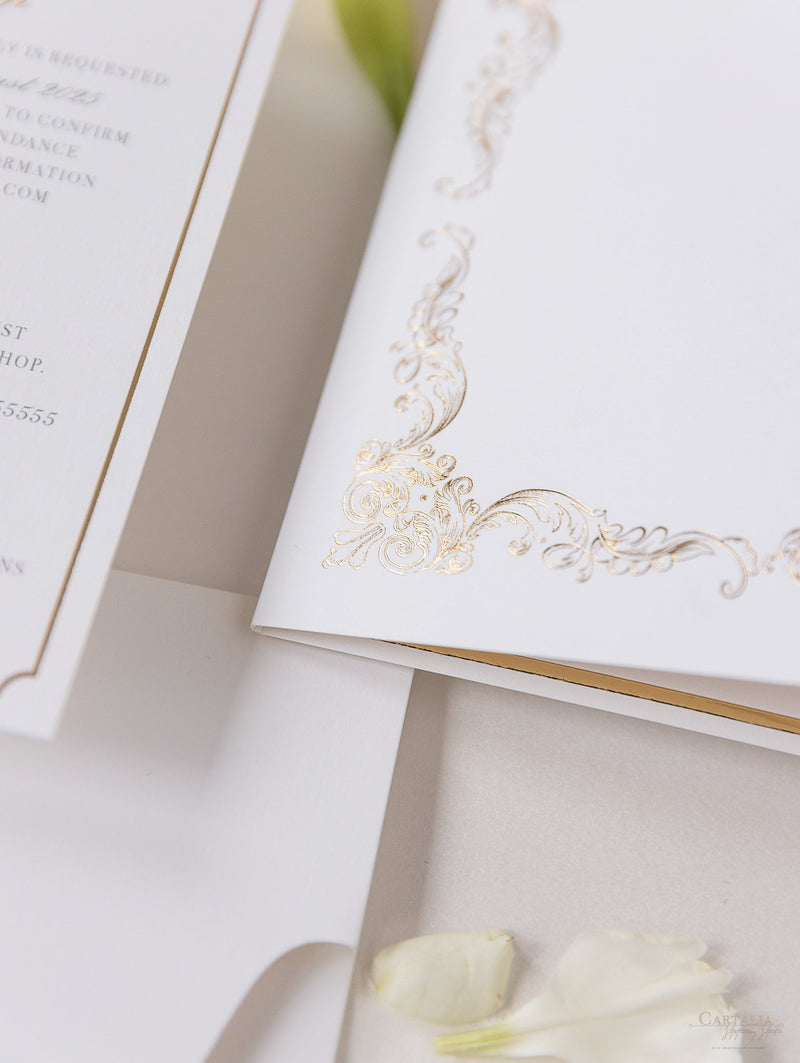 Greenery Vellum Sleeve Pocket fold Invitation with Gold Tie and Kraft –  Cartalia