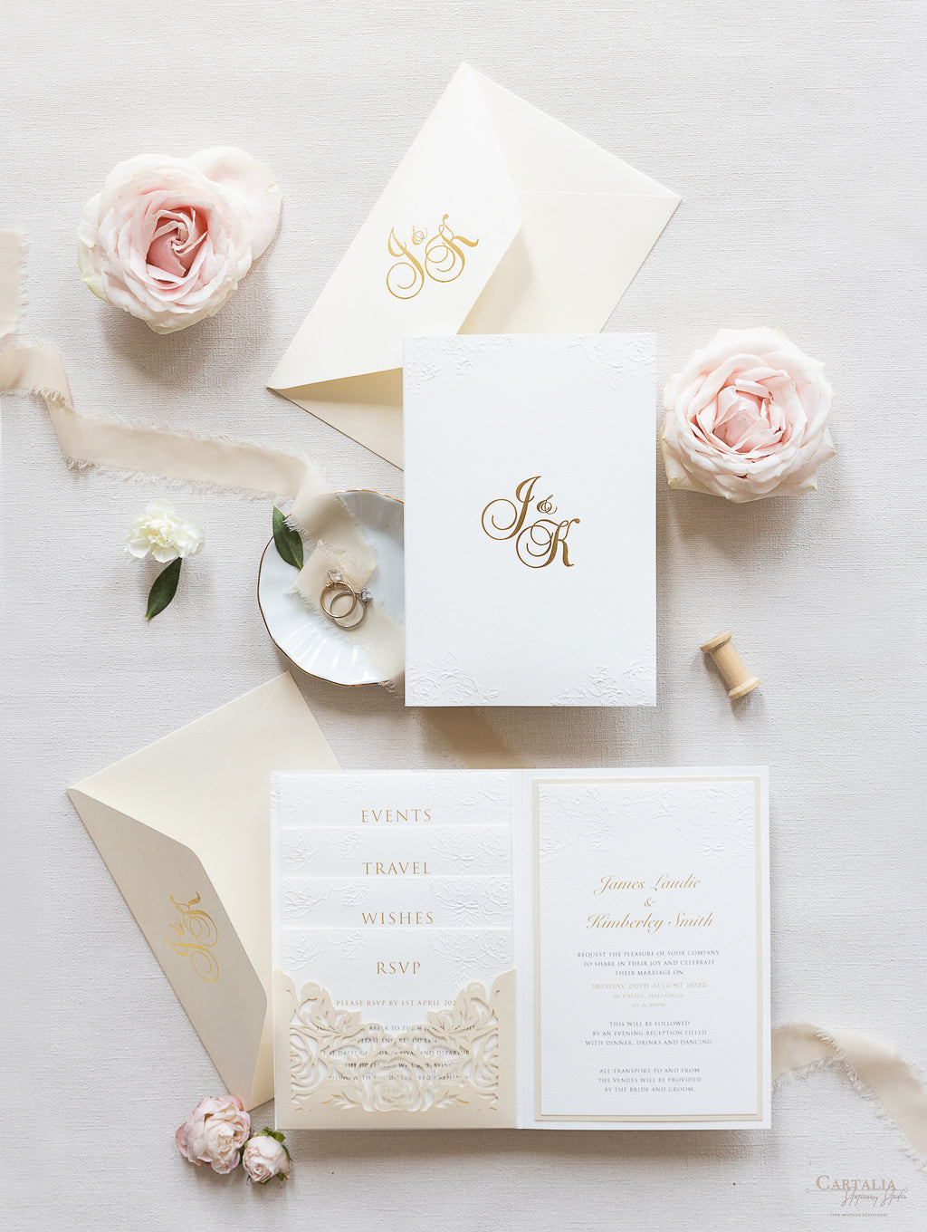 Embossed Ivory Gold Wedding Invitation, Floral Wedding Invitation