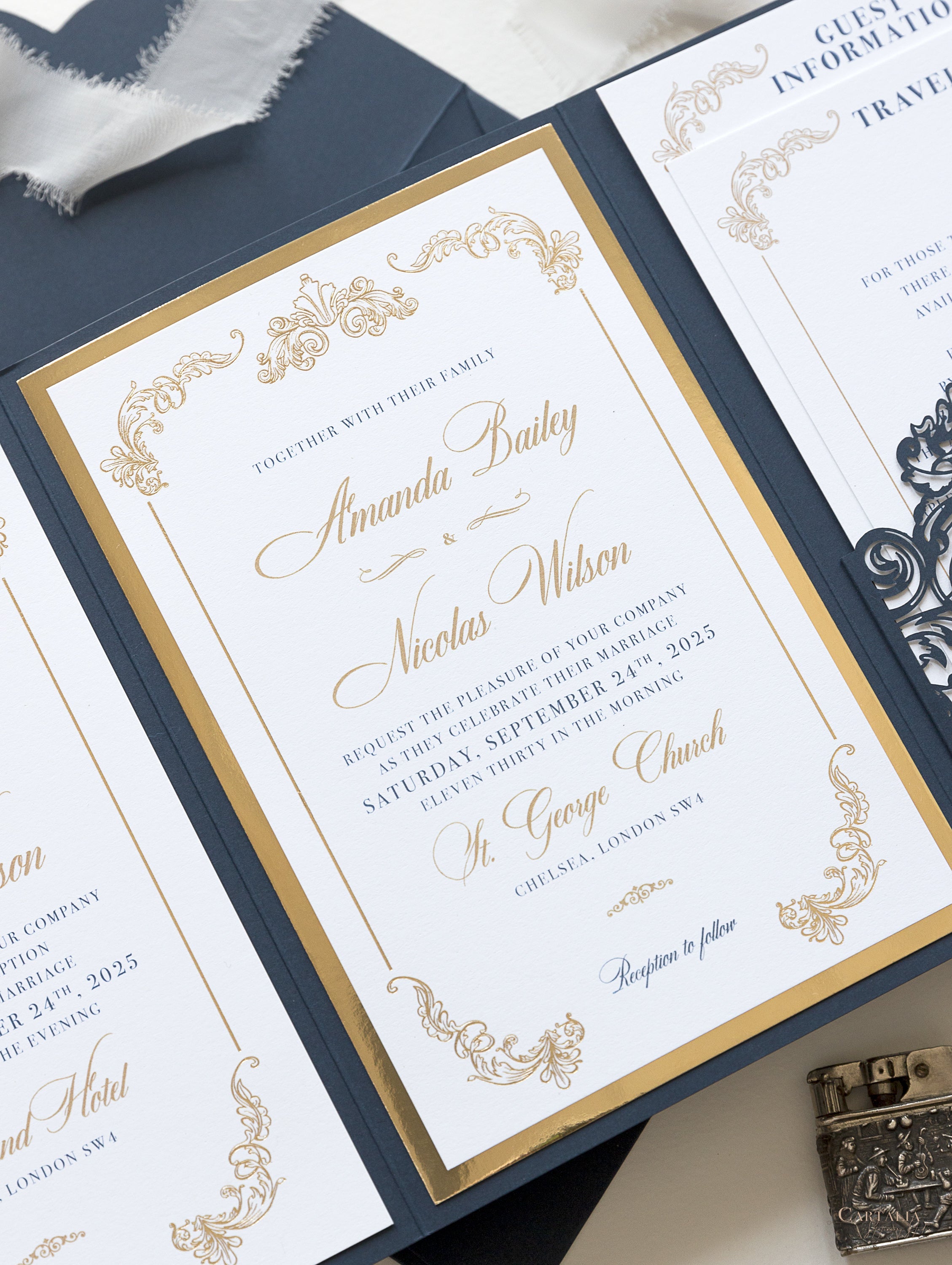 Triple Embossed Monogramed Gold Foil Pocket Wedding Invitation Suite w –  Cartalia