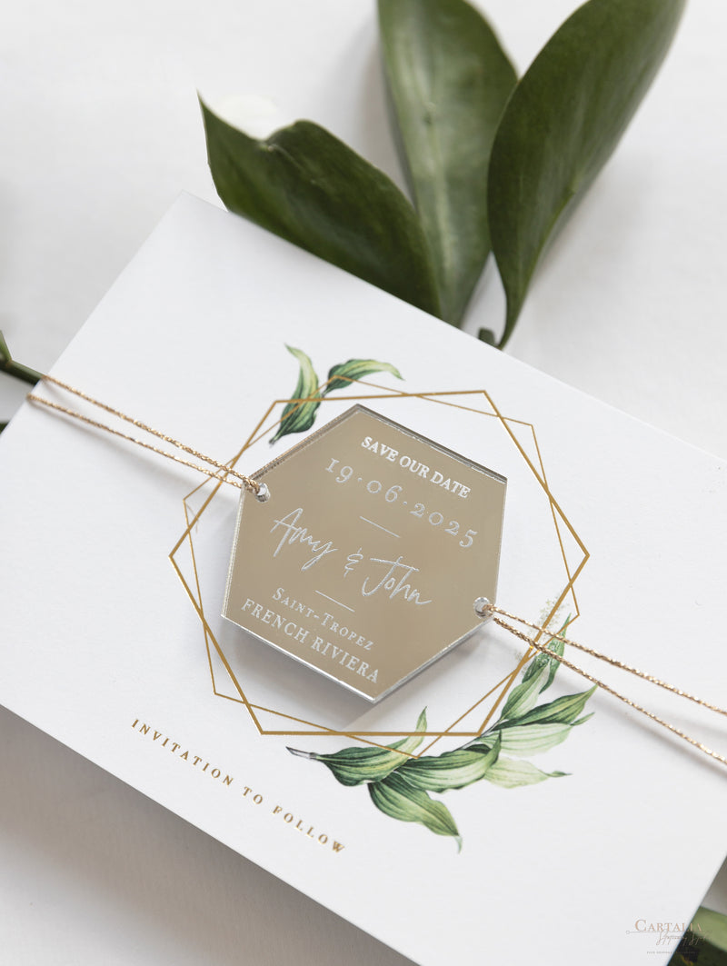 Personalised Gold Acrylic hexagon Save the Date Magnet and Card, ivory  Wedding Save The Dates Plexi Magnets, Wedding Boho Save The Date Cards