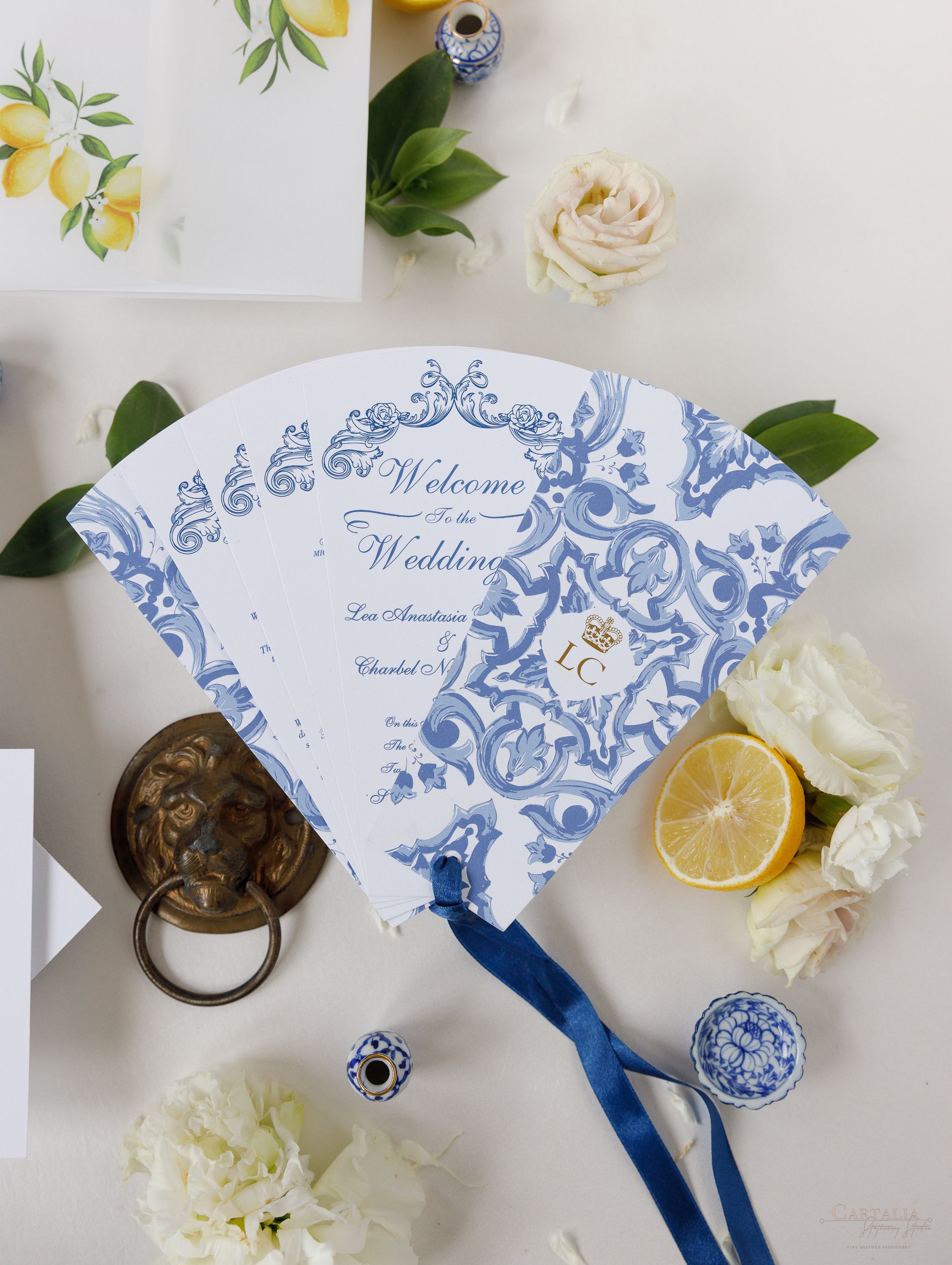 Custom Blue Floral Monogram Digitally Printed on White Napkin