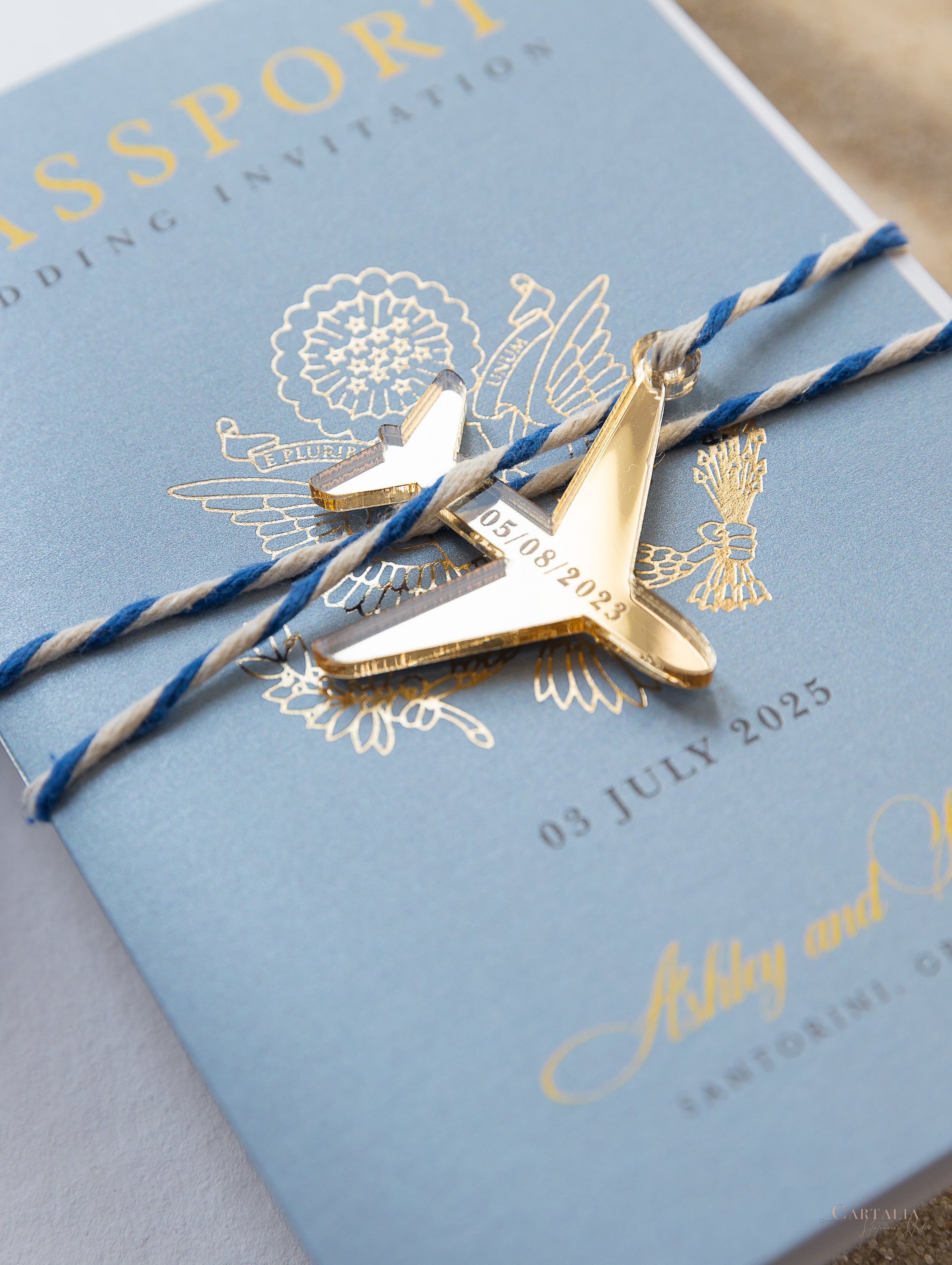 Santorini Greece Invite - Luxury Engraved Plane in Gold Plexi