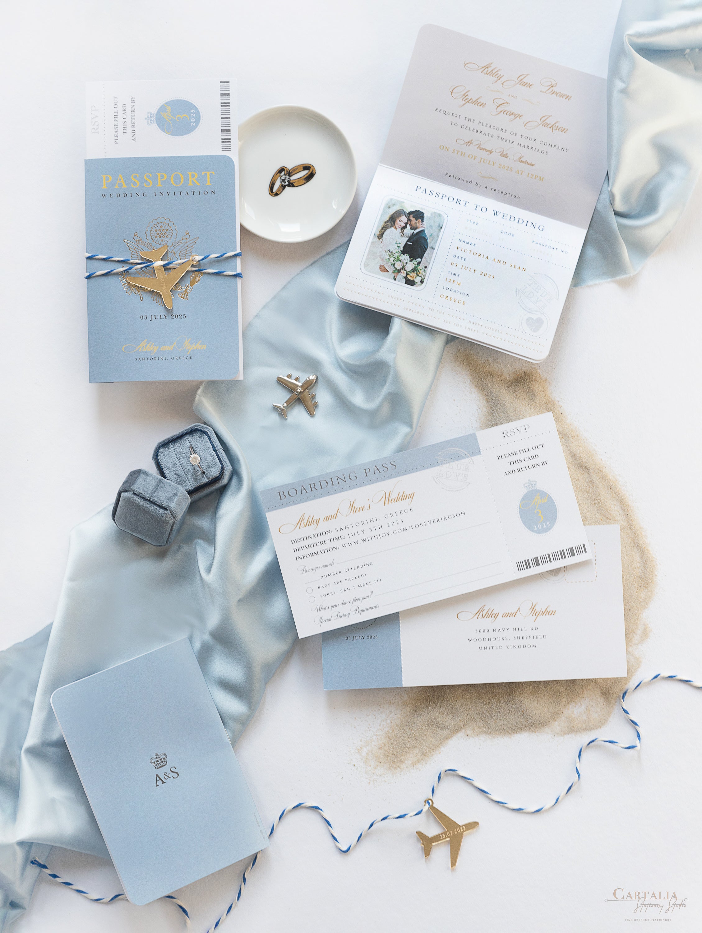 Santorini Greece Invite - Luxury Engraved Plane in Gold Plexi