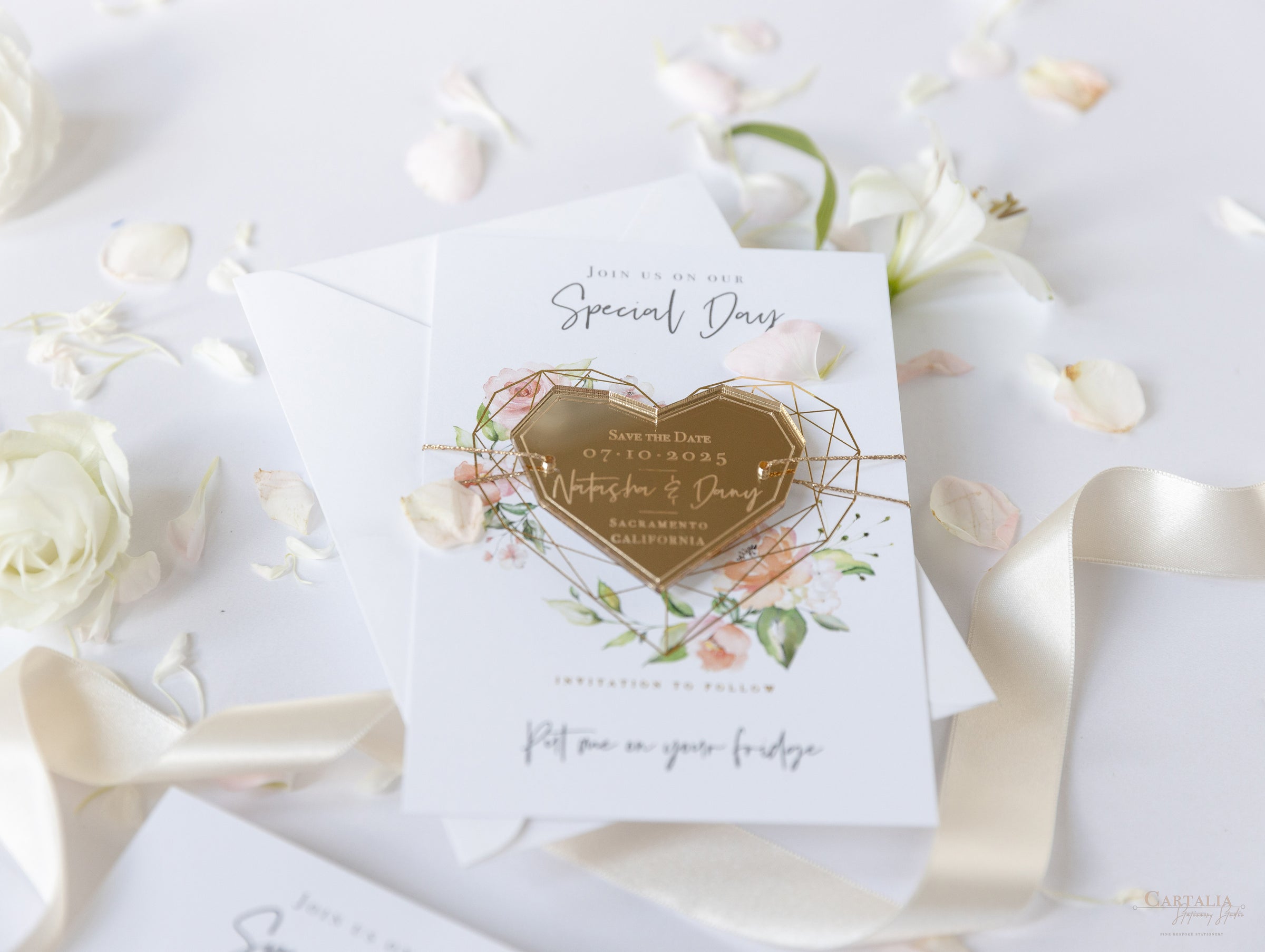 Gold Mirror Plexi Save the Date Magnet with Heart Foiled card