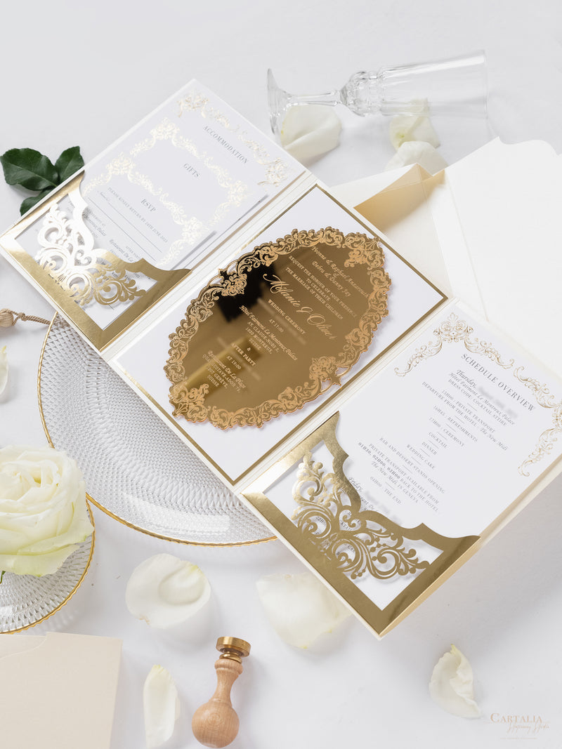 Luxury Boxed Invitation : Monogram Frame Mirror Gold Plexi Wedding Inv –  Cartalia