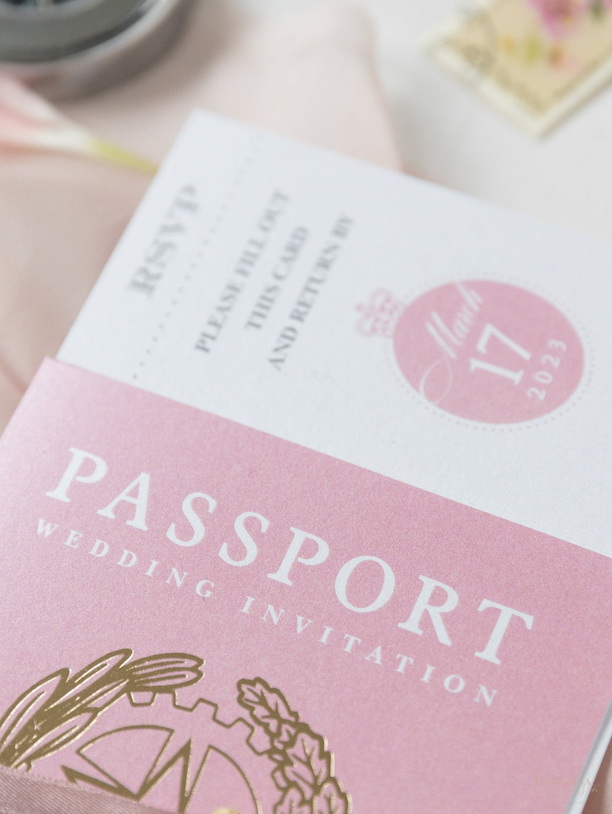 Blush Pink Passport Wedding Invitation - Luxury Engraved Plane in