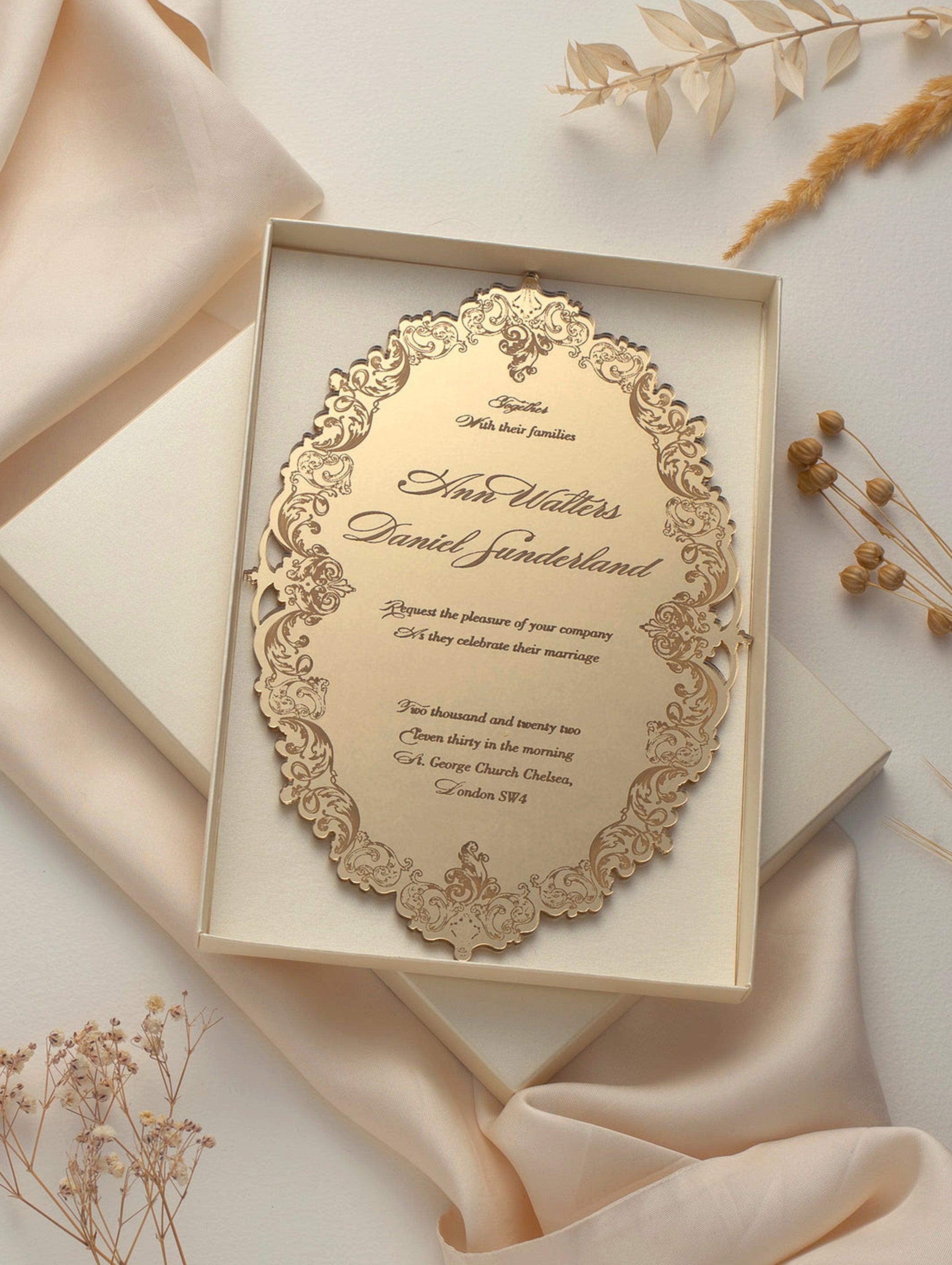 Gold Mirror Box Wedding Invitations, Customized Gold Foil Printing Box