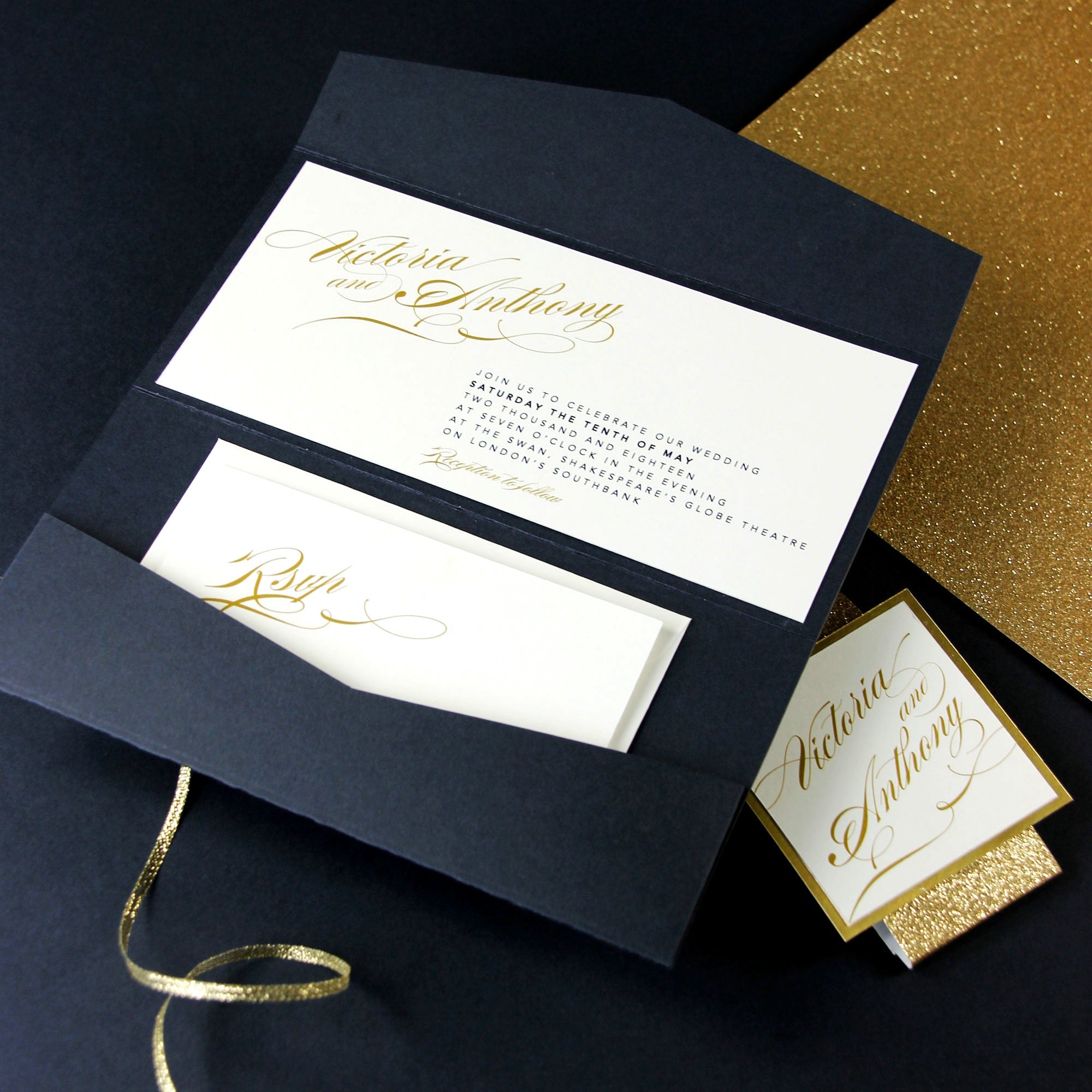 Classic & Traditional Wedding Save the Date with Monogram Crest in Navy Blue  and Gold with Envelope and Guest Addressing — Other Colors!